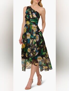 Adrianna Papell Floral High Low One Shoulder Dress Size 12